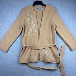 White + Warren Cardigan Womens Large Brown 100% Cashmere Belted Floral Sweater